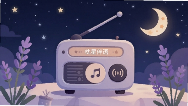 枕星伴语晚安电台界面,夜晚星空背景,一个收音机图标播放着音乐,周围有助眠的薰衣草和月亮,氛围安静祥和,扁平插画风格