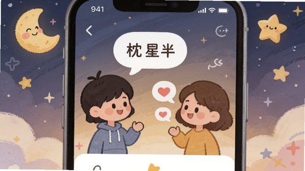 枕星伴语app温馨社交界面,暖色调背景,卡通月亮星星元素,两个卡通人物在对话,屏幕上有爱心气泡,整体风格治愈系,插画风格