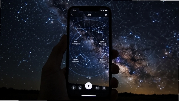 星象app AR模式界面,手机屏幕显示星空叠加星座线条与名称标注,背景为真实夜空