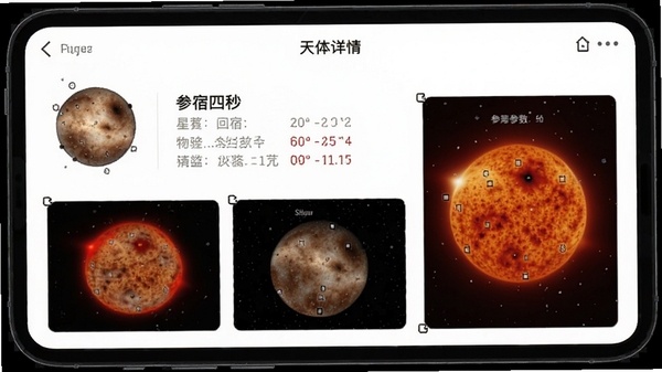 星象app天体详情页,展示参宿四的详细介绍、物理参数与高清图片,界面简洁美观