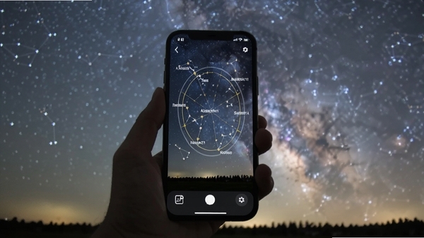 星象app在夜晚户外手机屏幕显示AR星座识别效果,背景是真实星空,星座连线与名称叠加在画面上