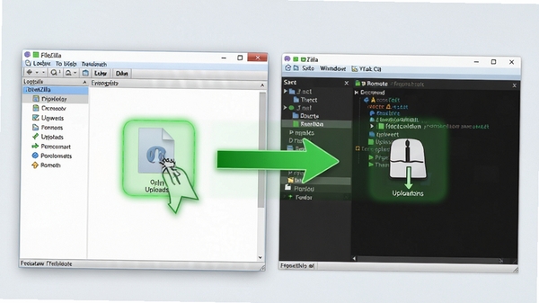 FileZilla˫���������ʾ�������ק�ļ��ӱ��ش��ڵ�Զ�̴��ڣ���ɫ��ͷָʾ�ϴ����򣬽��������ʾ��ק�����������ɾ���ͻ�����������ԡ�