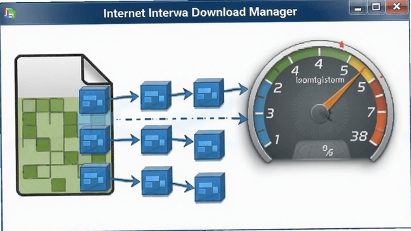 Internet Download Manager 多线程下载原理示意图,显示文件被分割为多个蓝色数据块同时传输,背景有速度仪表盘
