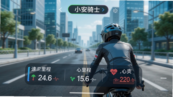 小安骑士骑行记录界面,显示速度、里程、心率等数据,背景为城市道路,风格清新现代