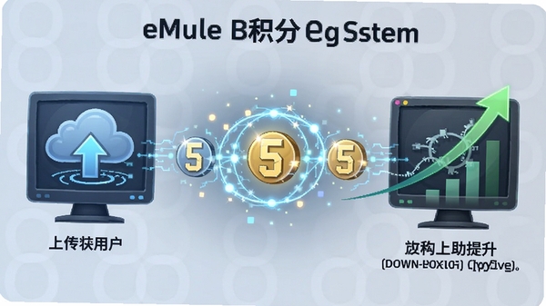 ����ͼչʾeMule�Ļ���ϵͳ��һ�����û��ϴ����ݣ���һ���������ٶȵ��������м��÷���Ļ����������ӣ����ֹ�������������
