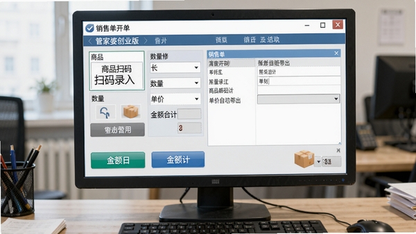 �ܼ��Ŵ�ҵ�����ۿ������棬��ʾ��Ʒɨ��¼�롢�����޸ġ������Զ����������ϼƵȲ������򣬽��沼�ֺ�������ť��Ŀ������Ϊ�칫���棬������Ļ������չʾ���۵�����д���̣����дʵ