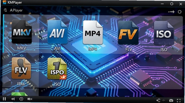 KMPlayer���������棬��Ƶ�б�չʾ���ָ�ʽ�ļ�ͼ�꣬����MKV��AVI��MP4��FLV��ISO������Ϊ�Ƽ��е�·��������ͻ��ȫ��ʽ֧�����ԣ�����ɫ����ͼ��ϸ�ڷḻ����Ʒչʾ���
