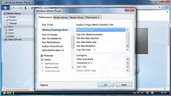 Windows Media Player 11���ý��棬��ʾѡ��Ի��򣬰������ܡ�ý���ȱ�ǩ���û��ɵ������ֲ���