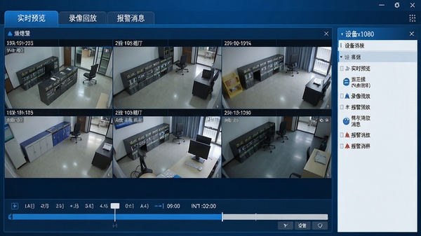 我要看看视频监控电脑版界面截图,展示多路监控画面同时预览、清晰的时间轴回放条以及设备列表,科技蓝主色调,界面布局整洁,分辨率1920x1080,高清晰度,16:9宽屏构图,画面中可看到“实时预览”、“录像回放”、“报警消息”等标签页,整体风格专业且现代。