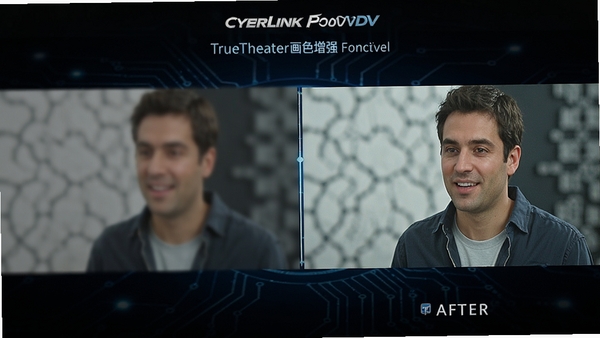 CyberLink PowerDVD TrueTheater������ǿ����չʾ�����ҶԱ�ͼ�����Ϊԭʼģ�����棬�Ҳ�Ϊ������ǿ����������棬ɫ�ʸ�������ϸ�ڸ��ḻ������Ϊ��ɫ�Ƽ��н��档
