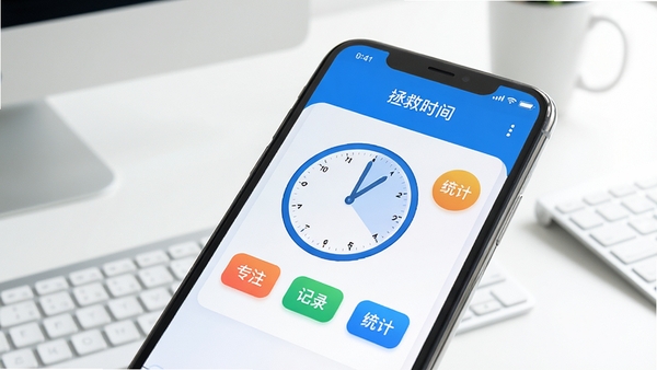 һ��չʾ�����ֻ���Ļ��ͼƬ����Ļ��������ʾ������ʱ�䡷Ӧ�õ������棬��������ɫ�Ͱ�ɫΪ��ɫ����������һ��Բ�ε�ʱ��ͼ������Χ�ֲ��š�רע��������¼������ͳ�ơ��Ȳ�ɫ���ܰ�ť������Ϊ��Լ�İ칫���棬����������ͣ�ͻ����Ч��רҵ�ķ�Χ��