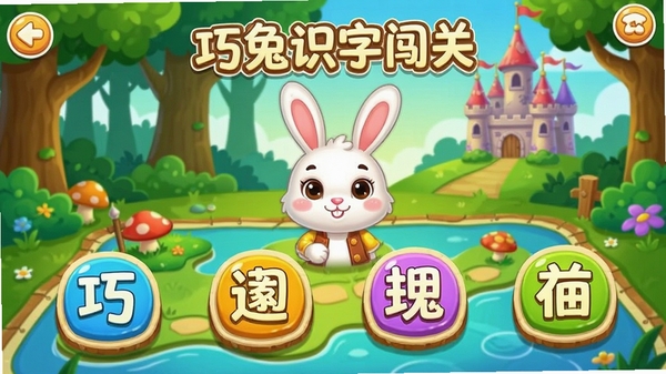 ����ʶ�ִ��ؽ��棬С����վ�ڵ�ͼ�ϣ�ǰ���ж���ؿ�ͼ�꣬ÿ��ͼ�����к��֣�������ɭ�ֺͳǱ�����ͨ���ɫ������