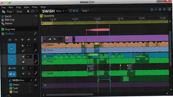 SWiSH Maxʱ����༭���棬��ʾ������͹ؼ�֡������ɫ�����ޣ�ͻ��������