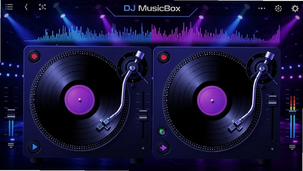 һ����ΪDJ���ֺе����������ͼ������Ϊ�ſ���޺�ƹ���̨��������������������Բ�κڽ���Ƭ��ת�̣���Χ�����Ų���Ƶ�����������ӣ��������ִ��Ҹ��пƼ��У���ɫ��Ϊ����������ɫ
