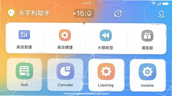 永宇利助手app主界面截图,展示简洁的工具栏和功能图标,背景为渐变色,风格现代,UI设计清晰,突出高效便捷的特点