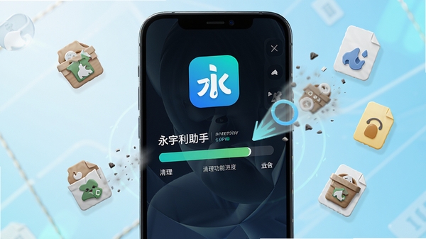 永宇利助手app清理功能演示,手机屏幕显示清理进度条,周围有代表垃圾文件的图标被清除,背景明亮,色调清新,突出极速和高效