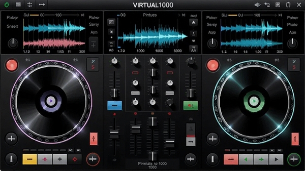 �ȷ�1000ģ��������Virtual DJ�����������ͼ��չʾ˫����ת�̡�����̨�Ͳ�����ʾ���ƹ���Ⱦ���Ƽ���ʮ��