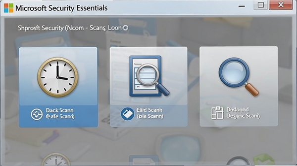 Microsoft Security Essentialsɨ��ѡ����棬չʾ����ɨ�衢ȫ��ɨ����Զ���ɨ��������ť������ʱ�ӺͷŴ�ͼ��