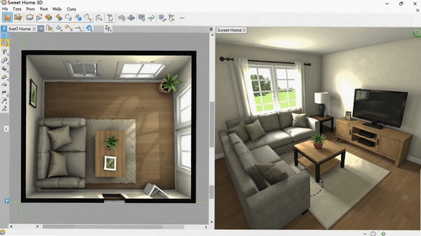 һ��չʾSweet Home 3D����������Ľ�ͼ�������2Dƽ��ͼ�༭�����Ҳ���ͬ����Ⱦ��3DԤ��Ч������������һ����ܰ�Ŀ������֣�ɳ�����輸�����ӹ�ڷ����룬����͸�������������ڣ�����ɫ������������ִ���Լ��