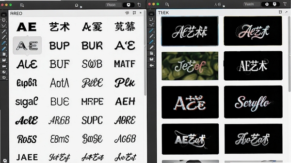 AE艺术字软件中字体库和模板库的截图,展示多种字体风格和动态模板,界面明亮,分类清晰