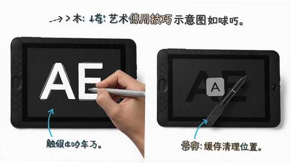 AE艺术字使用技巧示意图,展示触控笔操作和缓存清理位置,风格简洁,标注清晰