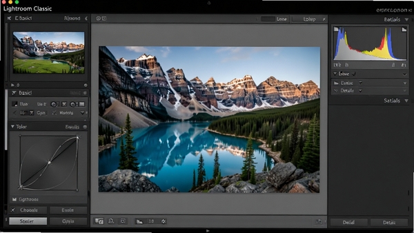Lightroom Classic �༭RAW��Ƭ���棬��ʾ������塢ɫ�����ߡ�ϸ����壬�Ҳ�ֱ��ͼ����ƬΪ�羰RAW�ļ�