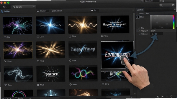 Adobe After Effects��Ч����壬չʾ������Ч����ͼ���������ӡ���Ч�����ֶ����ȣ���ק��Ч��ͼ��Ĳ���ʾ�⣬�������࣬�Ӿ�Ч���ḻ