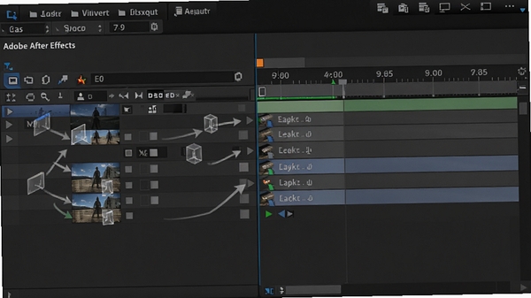 Adobe After Effectsͼ��ѵ���Ƕ�׺ϳɽ��棬չʾ���ͼ����ʱ�����ϵ����У���ͷָʾ���Ӽ���ϵ������Ϊ��ɫUI��ͻ��ͼ���͸�����Ʊ�