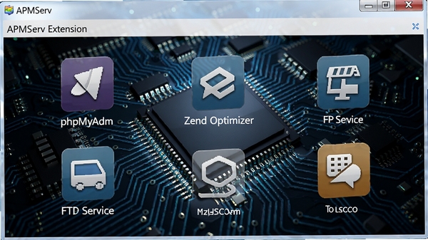 APMServ����������չ������棬��ͼ����ʽչʾphpMyAdmin��Zend Optimizer��FTP�����ģ�飬����Ϊ��·������������ǿ��ļ�����չ��������ӰЧ����ɫ����дʵ���