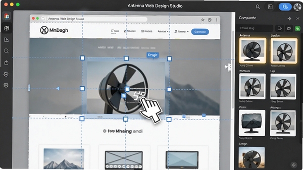 Antenna Web Design Studio��ק���������ʾ������϶�һ��ͼƬ�������ҳ�����У���Χ��ʾ����ο��ߣ����������ʾ����⣬���רҵ����