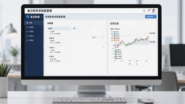 智点财务多账套管理界面,展示权限设置和日志记录