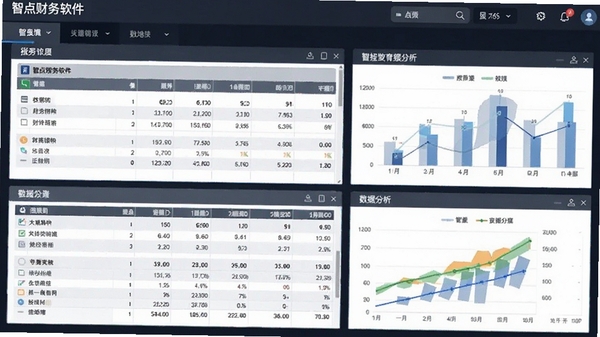 智点财务软件界面截图,显示财务报表和数据分析图表