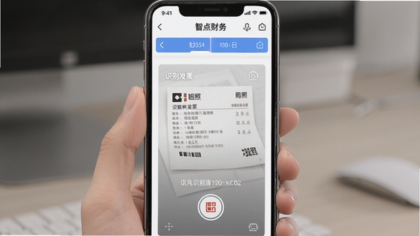 智点财务移动端APP界面,展示拍照识别发票功能