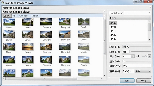 FastStone Image Viewer������ת�����棬��ʾ���ͼƬ�ļ��б����Ҳ������ʽѡ��ΪJPEG���·��гߴ���������������ã�����������������ť���ֺ��������רҵ