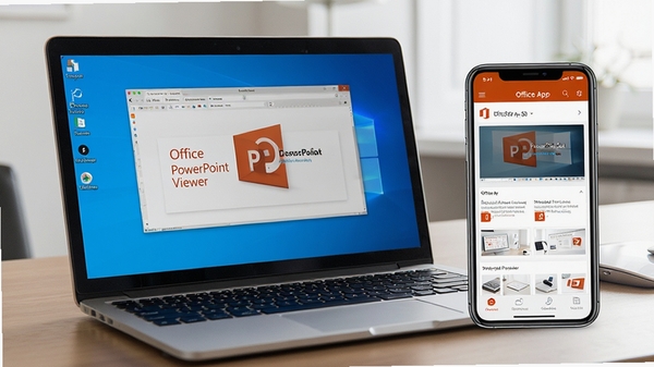 Microsoft Office PowerPoint Viewer �����ڱʼǱ������ϣ��Ա߷����ֻ���ʾ�ƶ��� Office App ���棬ͻ����ƽ̨ʹ�á�