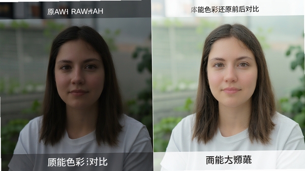 able rawer智能色彩还原前后对比图,左侧原始RAW偏色,右侧还原后色彩准确,画面通透