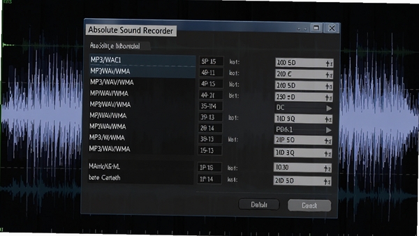 Absolute Sound Recorder��Ƶ��ʽѡ�񴰿ڣ��г�MP3/WAV/WMA�ȸ�ʽ����Ӧ������ѡ�����Ϊ��Ƶ����ͼ��