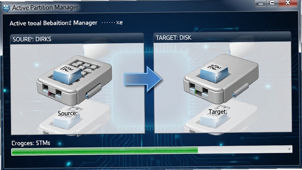 Active Partition Manager ���������򵼽��棬��ʾԴ������Ŀ����̵Ķ�Ӧ��ϵ���ü�ͷʾ�⸴�Ʒ��򣬽�������ʾ����״̬������Ϊ����ɫ�Ƽ��з��