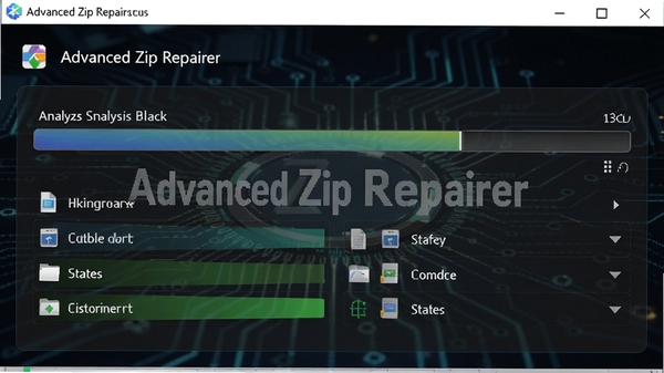 Advanced Zip Repairerɨ����Ƚ��棬��ʾ���ڷ���ѹ�����ṹ�����������ļ�״̬��ǩ������Ϊ��ɫ�Ƽ�����ƣ���������ˮӡǶ������