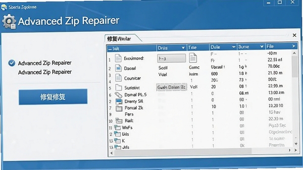 �����������ͼ��չʾAdvanced Zip Repairer���޸��򵼺��ļ��б��������רҵ����ɫ��Ϊ����ͻ���������ƺ��޸���ť
