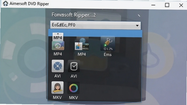 һ��չʾAimersoft DVD Ripper�����ʽѡ��˵��Ľ�ͼ�������б�����ʾMP4��AVI��MKV�ȳ��ø�ʽͼ�꣬����ɫ����ͣ�ͻ�������ḻ�ĸ�ʽ֧������
