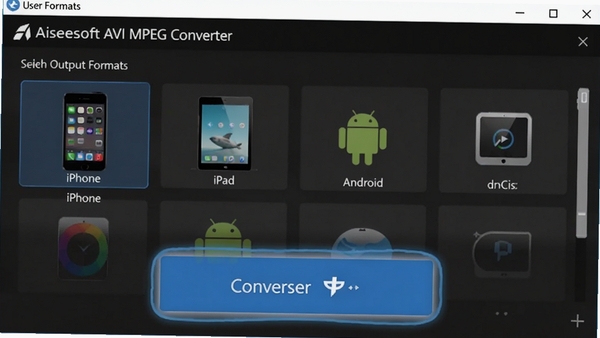 ��Aiseesoft AVI MPEG Converter�У��û�����ѡ�������ʽ��������ʾ�����豸Ԥ�裬��iPhone��iPad����׿�ȣ���ͻ����ʾת����ť