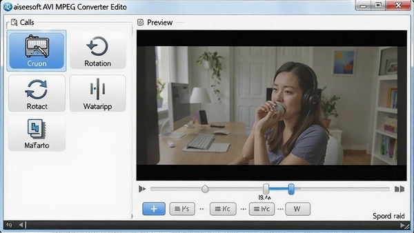 Aiseesoft AVI MPEG Converter�ı༭���棬��ʾ�ü�����ת��ˮӡ�ȹ���ѡ�Ԥ����������Ƶ���棬�û����Խ��е���