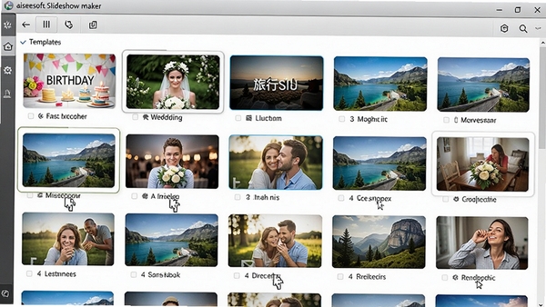 չʾaiseesoft slideshow maker��ģ���Ľ��棬����ͼ����չʾ���ַ��Ļõ�Ƭģ�壬�����ա��������еȷ��࣬�������࣬�����ͣ����Ч������������