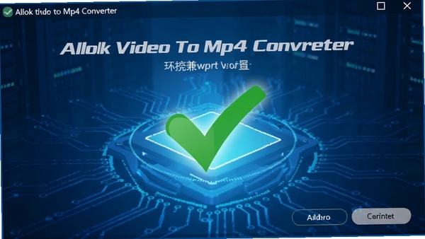 Allok Video To Mp4 Converter运行环境检测界面,显示系统兼容性检查结果,绿色勾选图标,背景为蓝色科技感,突出稳定性。