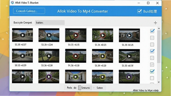 Allok Video To Mp4 Converter批量添加视频文件界面,显示多个格式的视频文件列表,勾选状态,背景为明亮色调,突出批量处理功能。