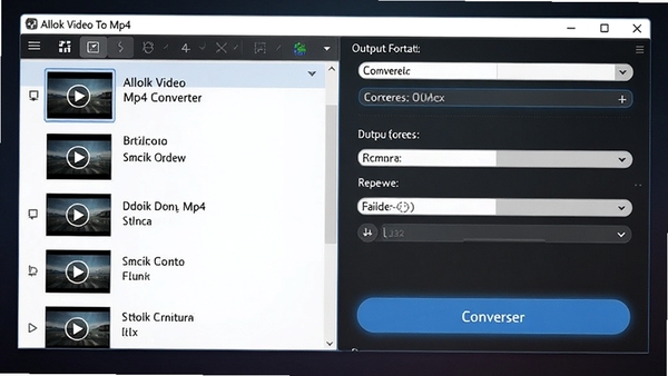 Allok Video To Mp4 Converter界面截图,展示软件主窗口,左侧为视频列表,右侧为输出格式选项,背景为深色渐变,界面简洁现代,突出转换按钮。