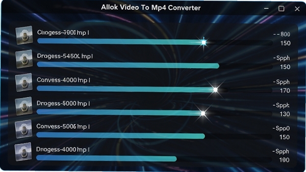 Allok Video To Mp4 Converter转换进度条界面,显示多个文件同时转换,进度条快速推进,背景为动态效果,突出高速转换特点。
