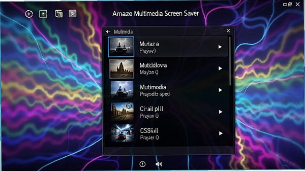 Amaze Multimedia Screen Saver 主界面展示,炫彩背景,多媒体文件播放列表,高清渲染,科技感