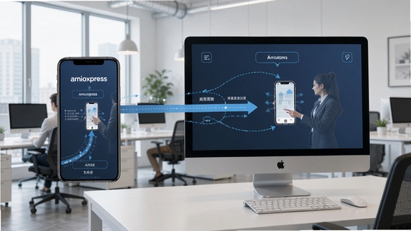 aminoxpress移动端与电脑端协同操作示意图,展示跨平台传输场景,背景为现代办公环境